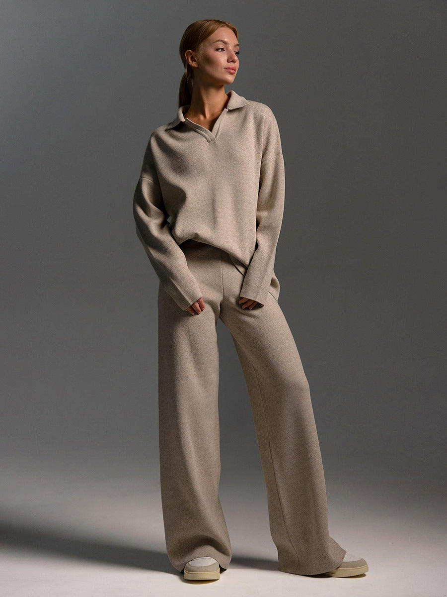 Fall Winter Two Piece Set Women's Simple Loose Solid Color Collar Sweater Set Fashion Casual Sport Wear Set 