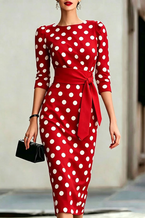 Retro Polka-dot Navy Blue Belted Waist-hugging Elegant Dress 