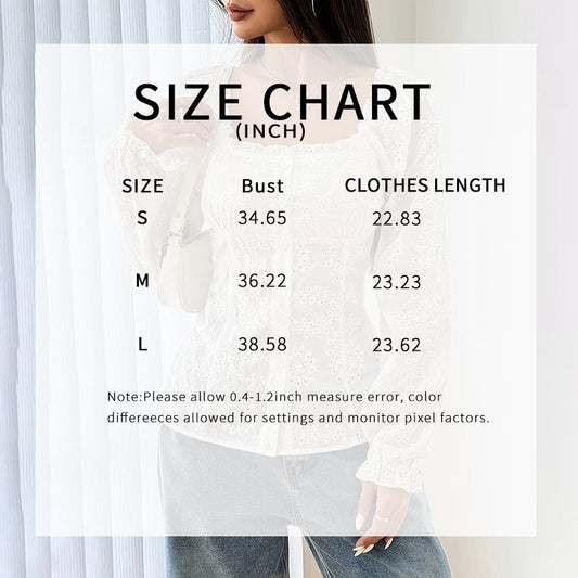Women's Square Neck Puff Sleeve Eyelet Lace Hollow Out Button Top Blouse 