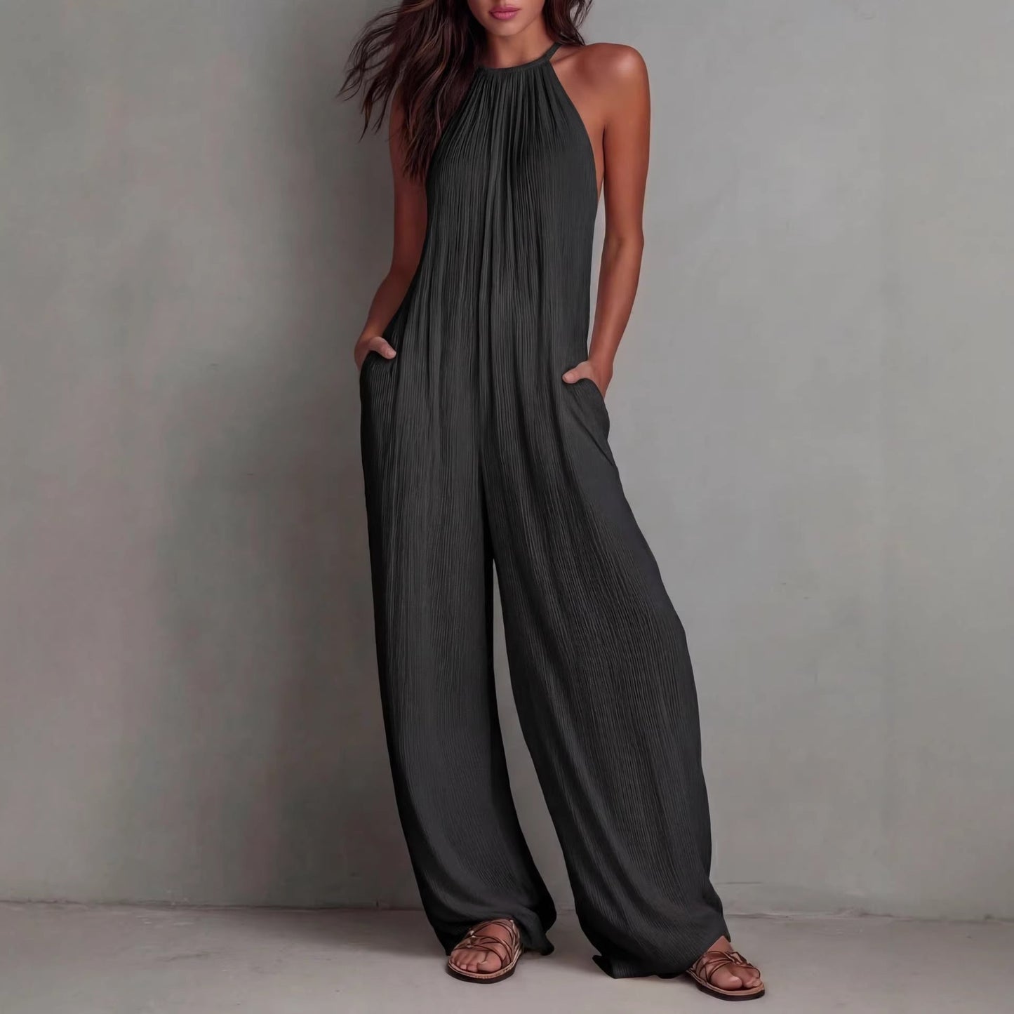 Resort-style White Pleated Open-back Wide-leg Jumpsuit 