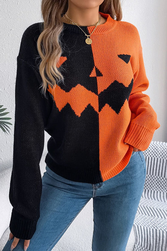 Women’s Spooky Pumpkin Contrast Long-Sleeve Pullover Sweater CJ US