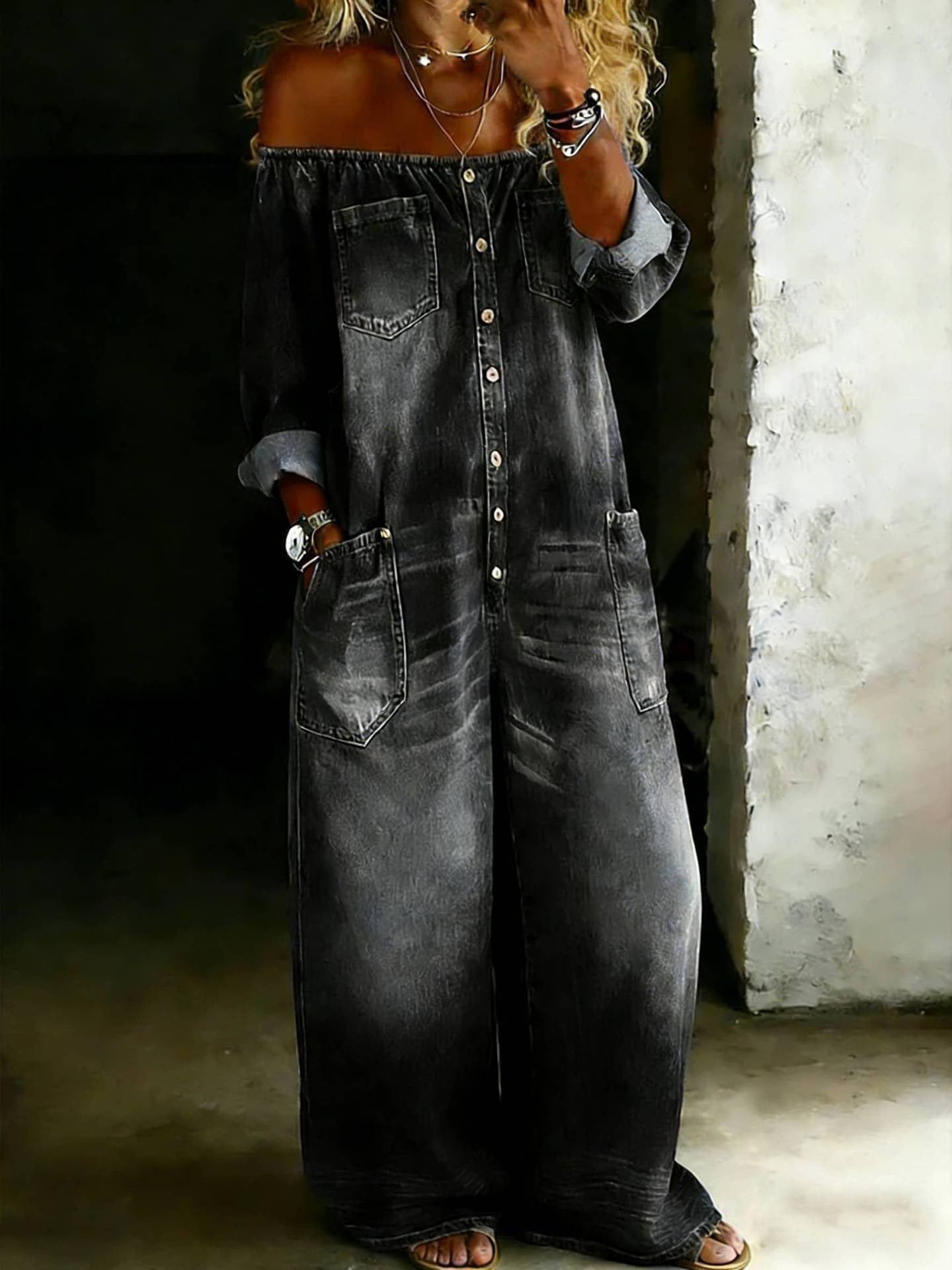 Single-breasted Off-shoulder Washed Faux Denim Jumpsuit 