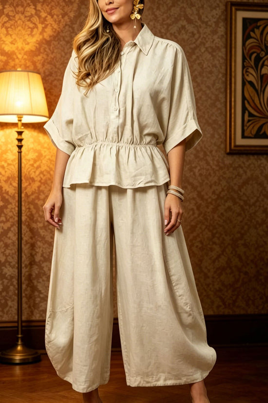 Plus-size Womens Loose Casual Belted Shirt And Wide-leg Pants Set 