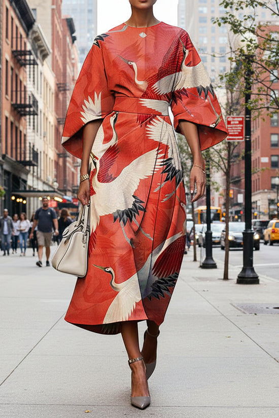 Women's Elegant Fashion Print Round Neck Long Dress 