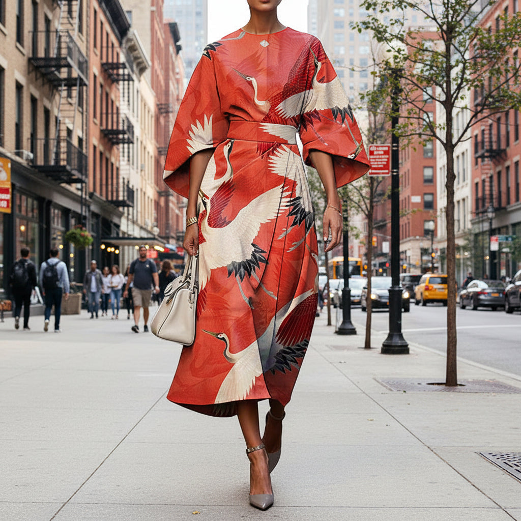 Women's Elegant Fashion Print Round Neck Long Dress 