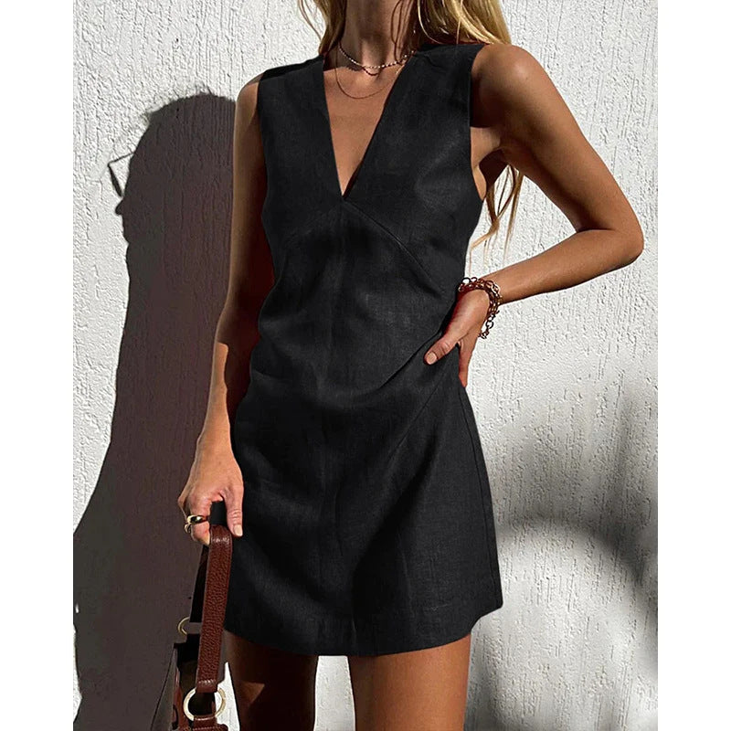 🌿 V-Neck Cotton & Linen Sleeveless Mini Dress FitiqueFit