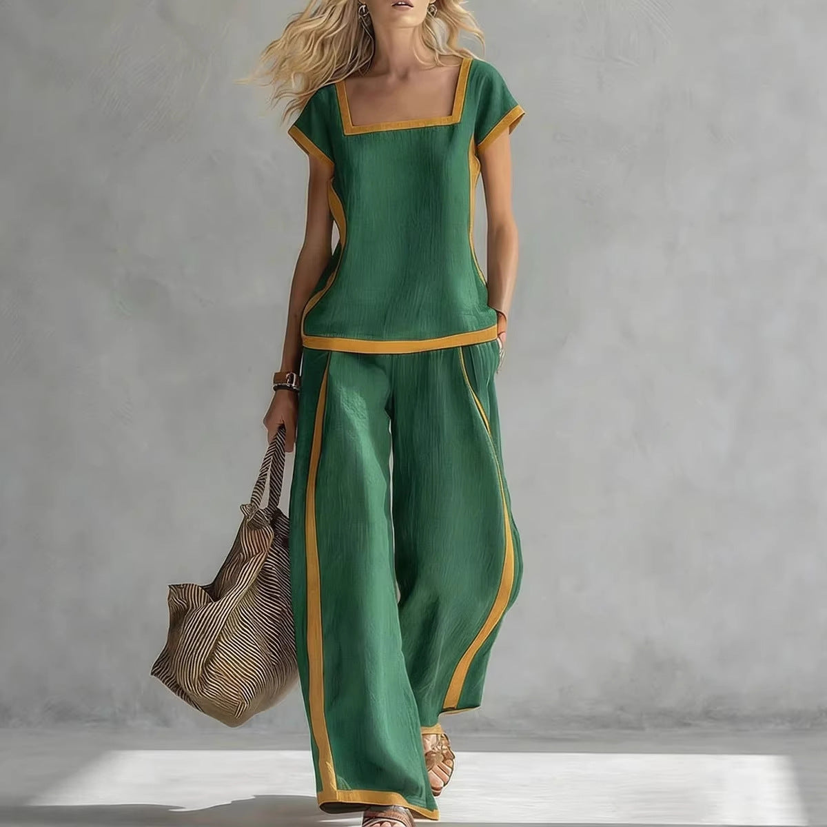 Solid Color Shirt & Wide-Leg Trousers Two-Piece Set 