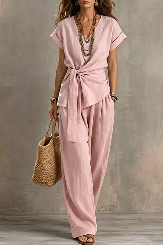 Women's V-neck Pullover Short-Sleeve Pants Set 