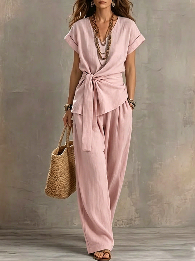 Women's V-neck Pullover Short-Sleeve Pants Set 