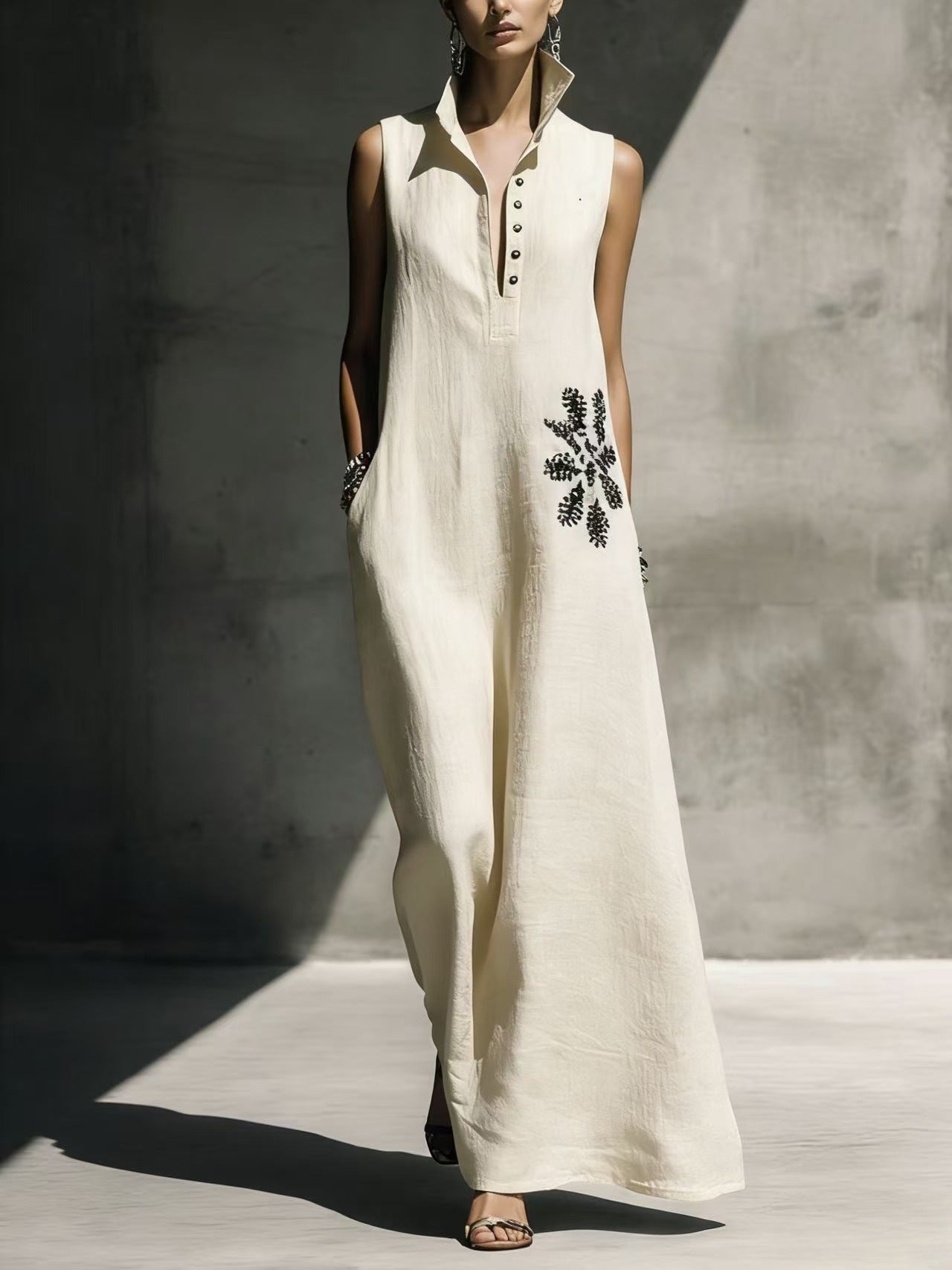 Heat-transfer Graphic Pocket Casual Mandarin-collar Cotton-linen Dress 