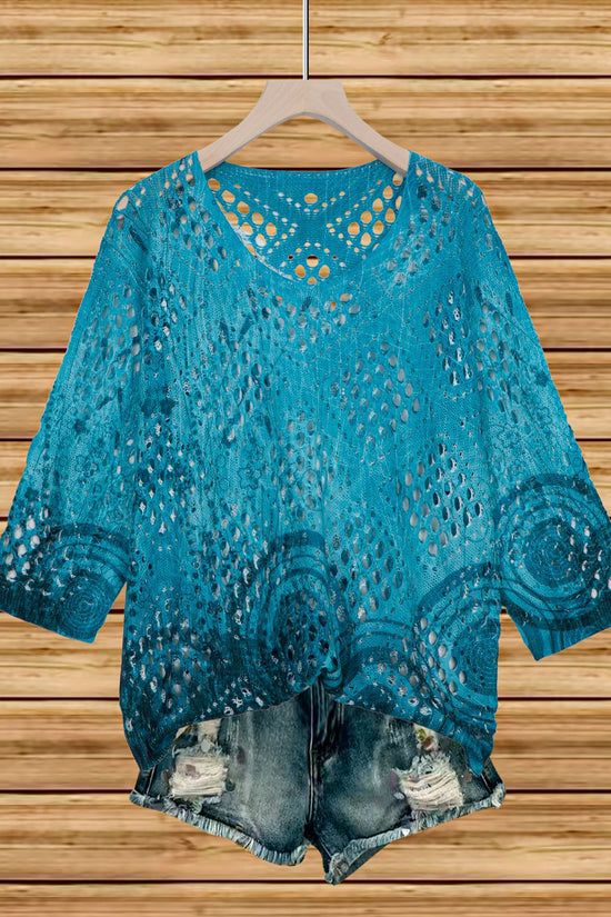 Womens Hollowed-Out Batwing-Sleeve Sweater With 3D Knitted Print 