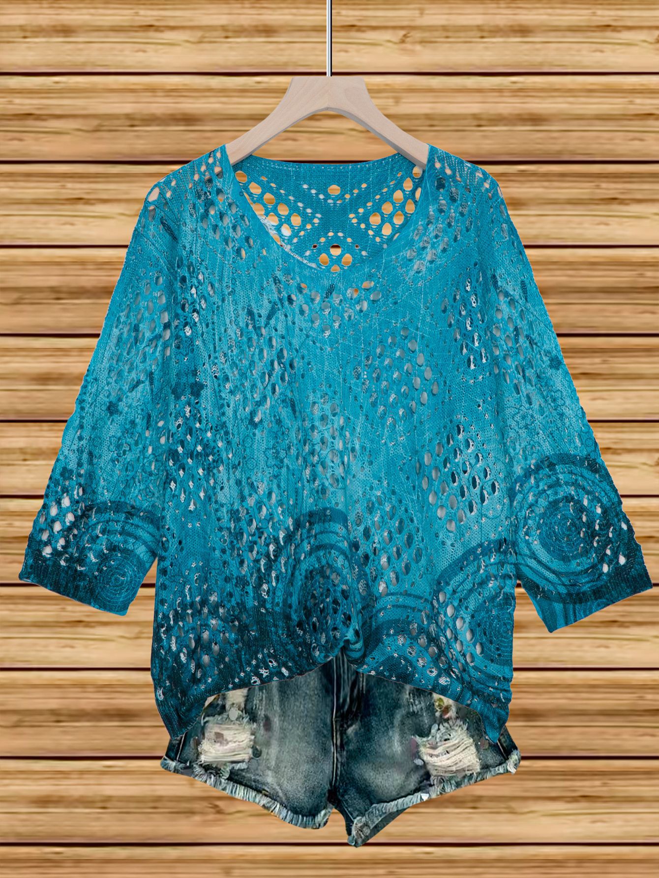 Womens Hollowed-Out Batwing-Sleeve Sweater With 3D Knitted Print 