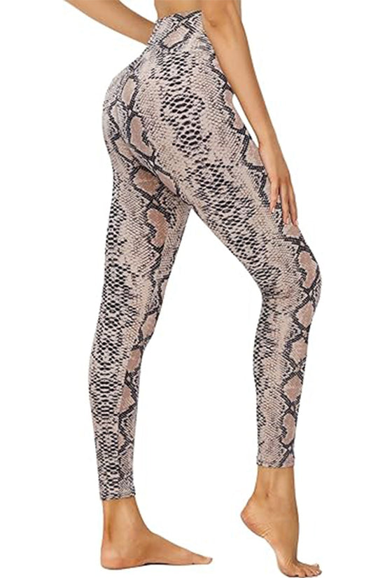 Cropped High-Waisted Leggings – Brown Snake Print Workout Pants CJ US