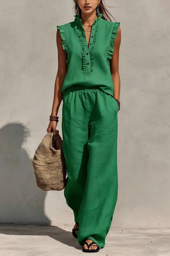 Sleeveless Ruffled V-neck Top And Elastic-waist Wide-leg Pants 
