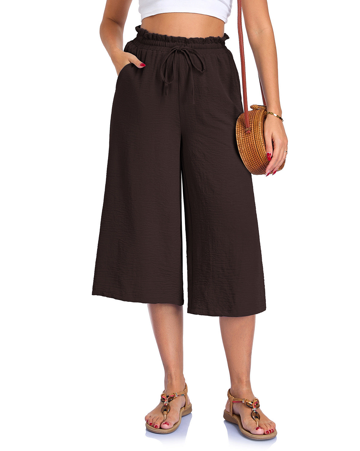 Women's Solid Color All-Match Elastic Cropped Pants Loose Wide-Leg Trousers 