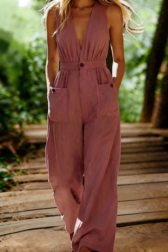 Loose-fit Casual V-neck Sleeveless Solid-color Wide-leg Jumpsuit With Pockets 