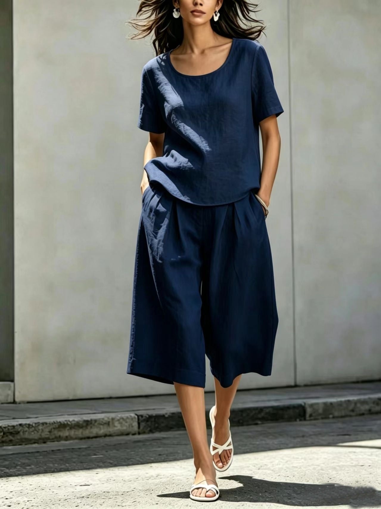 Cotton-linen Casual Loose-fitting Short-sleeve Top And Shorts Set 