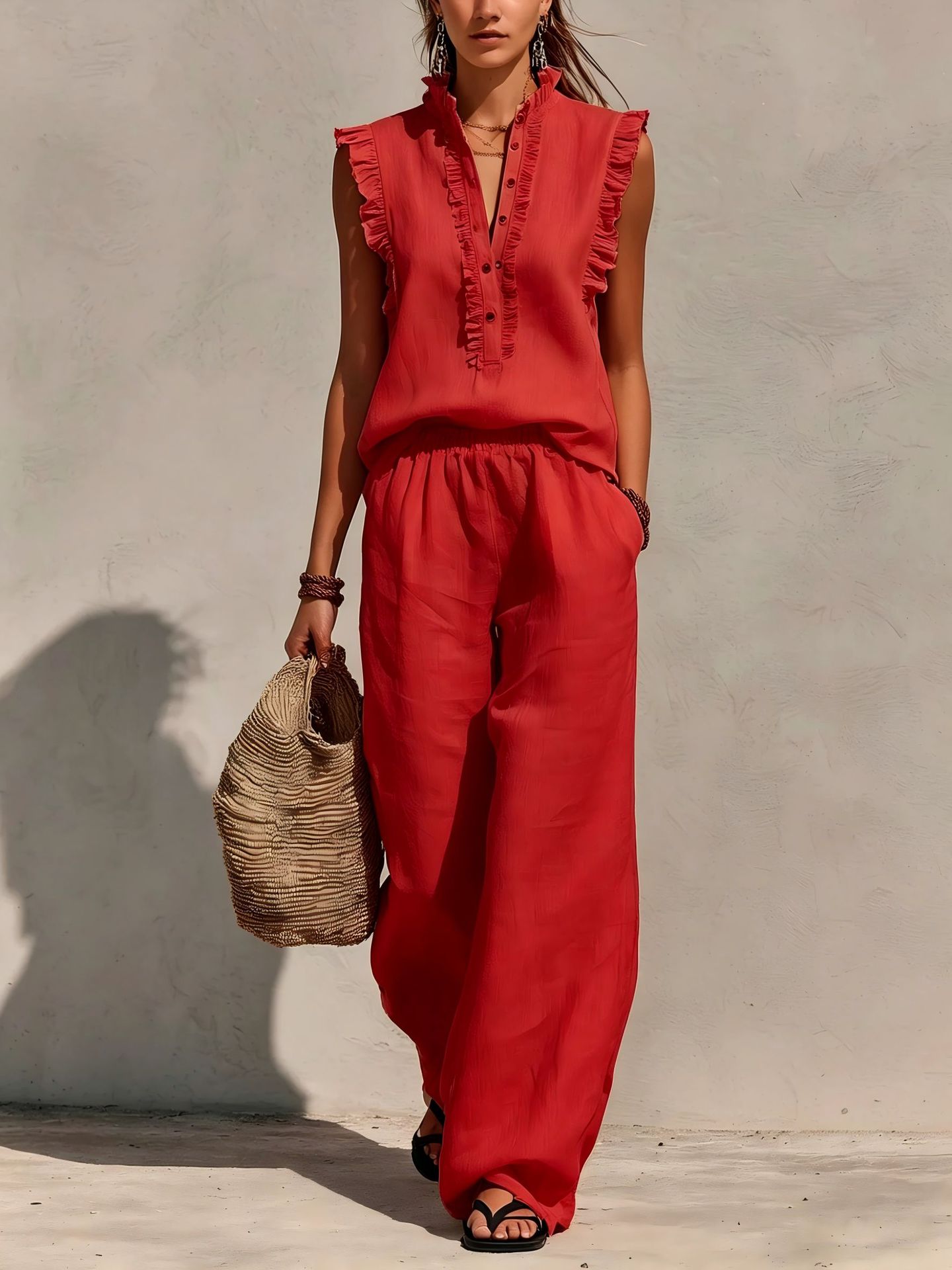 Sleeveless Ruffled V-neck Top And Elastic-waist Wide-leg Pants 