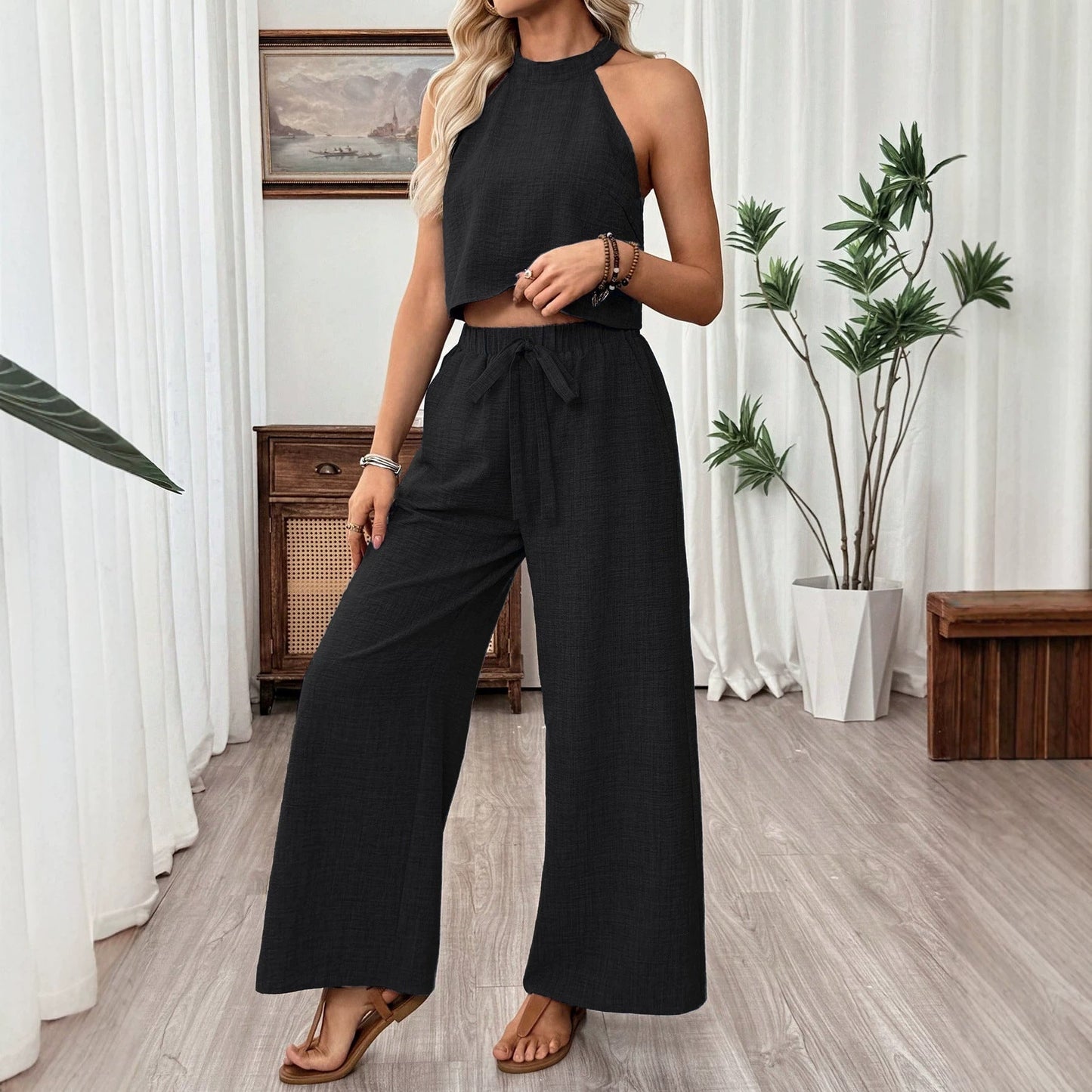 Neck-hanging Sleeveless Cropped Top And Wide-leg Pants Set 