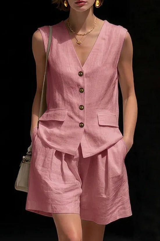 Womens Simple Elegant Cotton-Linen Vest Top And Shorts Two-Piece Set 