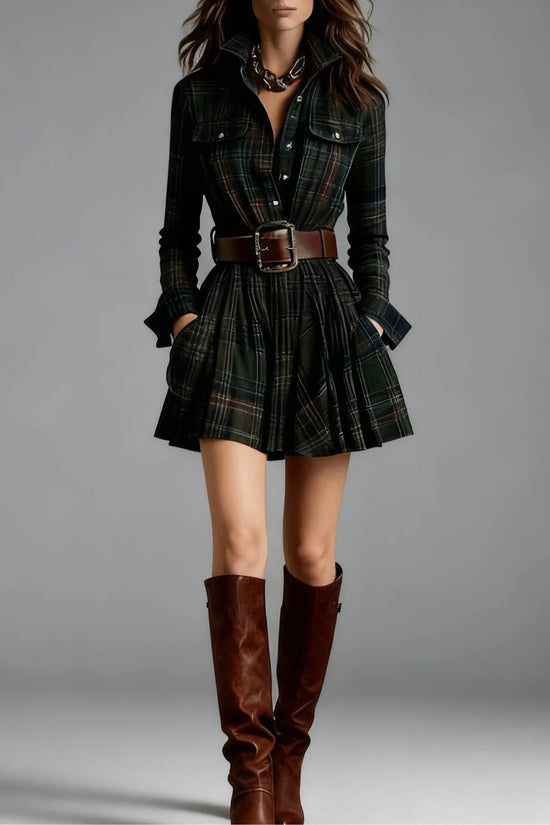 European And American Elegant Plaid Long Sleeve Short Dress Belt 