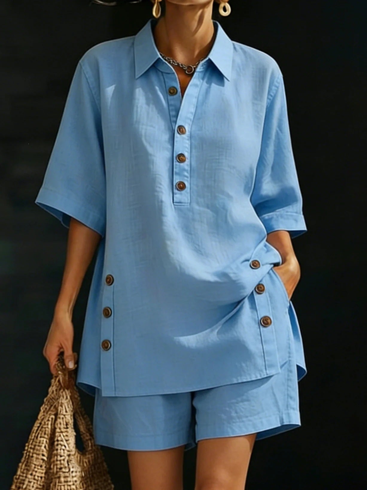 Womens Short-Sleeve Shirt And Loose Pants Two-Piece Set 