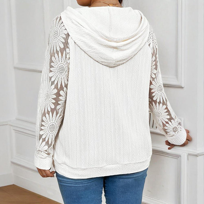 Women's Plus Size Hoodie Lace Long Sleeve Pullover Top, Fall Casual Drawstring Sweatshirt CJ US