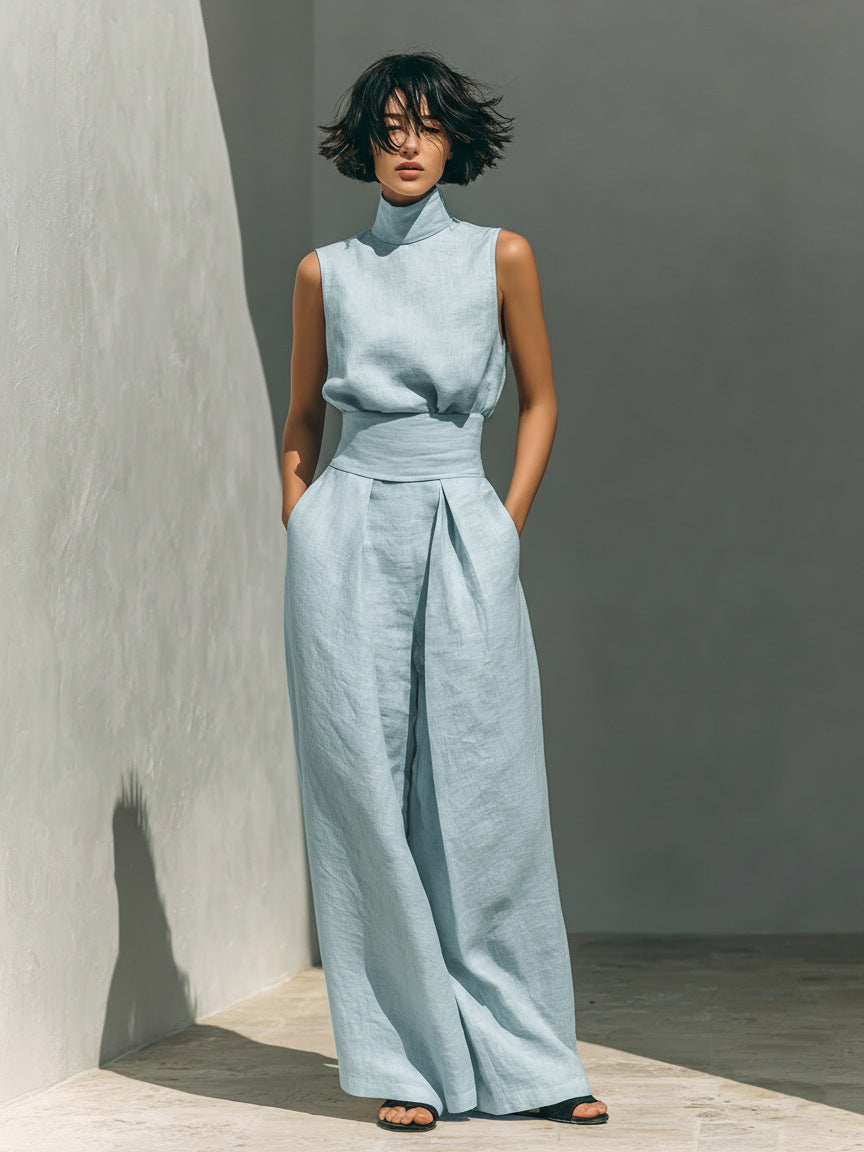 Womens Cotton-Linen Blend Sleeveless Top And Wide-Leg Pants Set 