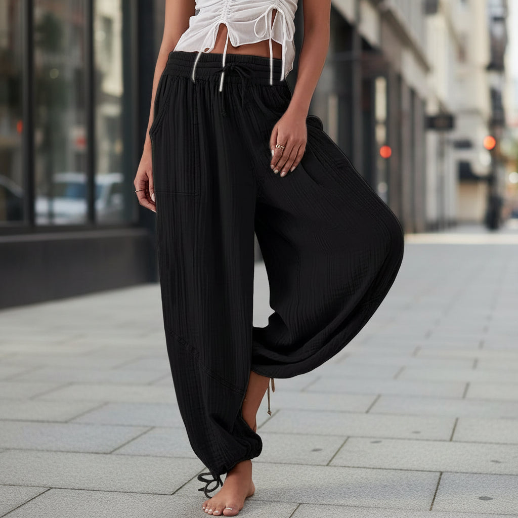 Fashionable Solid-Colored Wide-Leg Pants With Ties And Pockets Long Pants 