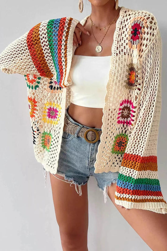 Hand-crocheted Floral Sweater With Random Color Blocks 