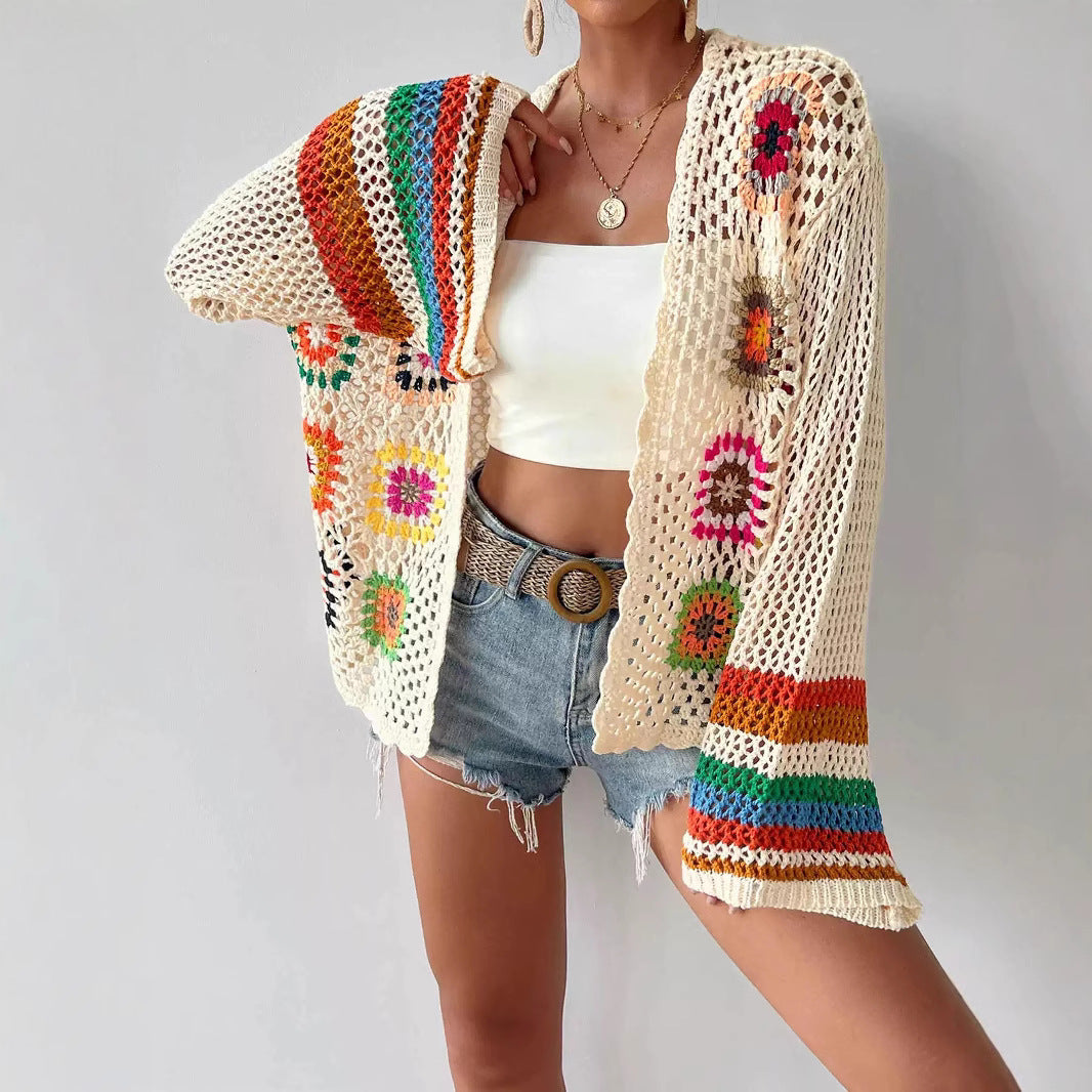 Hand-crocheted Floral Sweater With Random Color Blocks 