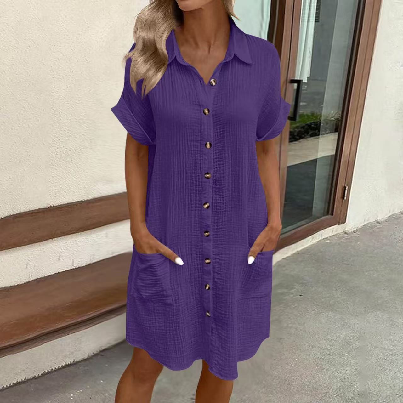 Casual Solid-Color Single-Breasted Mid-Length Short-Sleeve Dress 