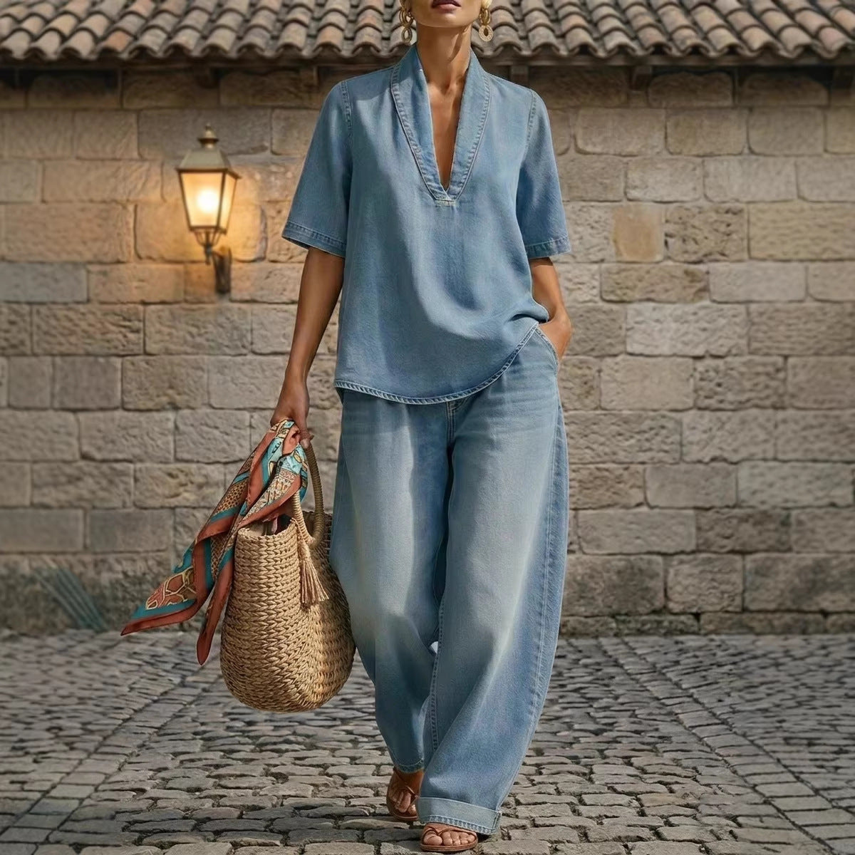 Retro V-neck Denim Set Womens Loose Half-sleeve Top And Wide-leg Pants Two-piece Set 