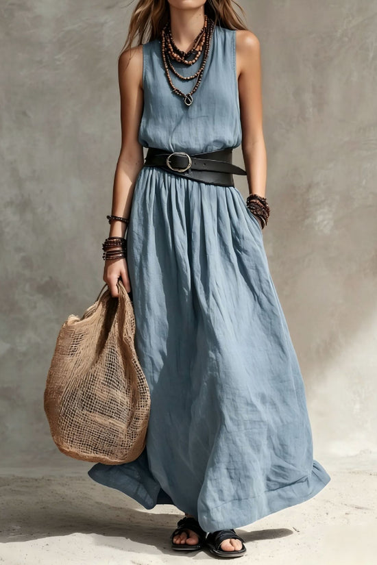 Turn-down Collar Long Sleeveless Dress 