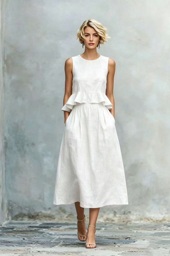 Sleeveless Crew-Neck High-Waisted Ruffle-Trim Resort-Style Dress 