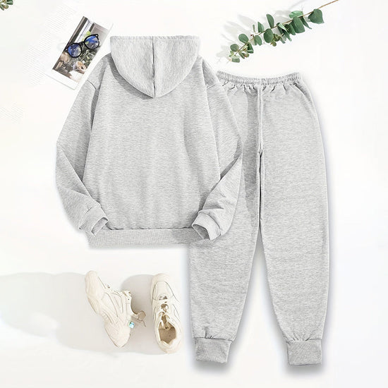 Women's Solid 2-Piece Set Letter Print Hoodie With Pocket & Drawstring Jogger Pants Casual Tracksuit CJ US
