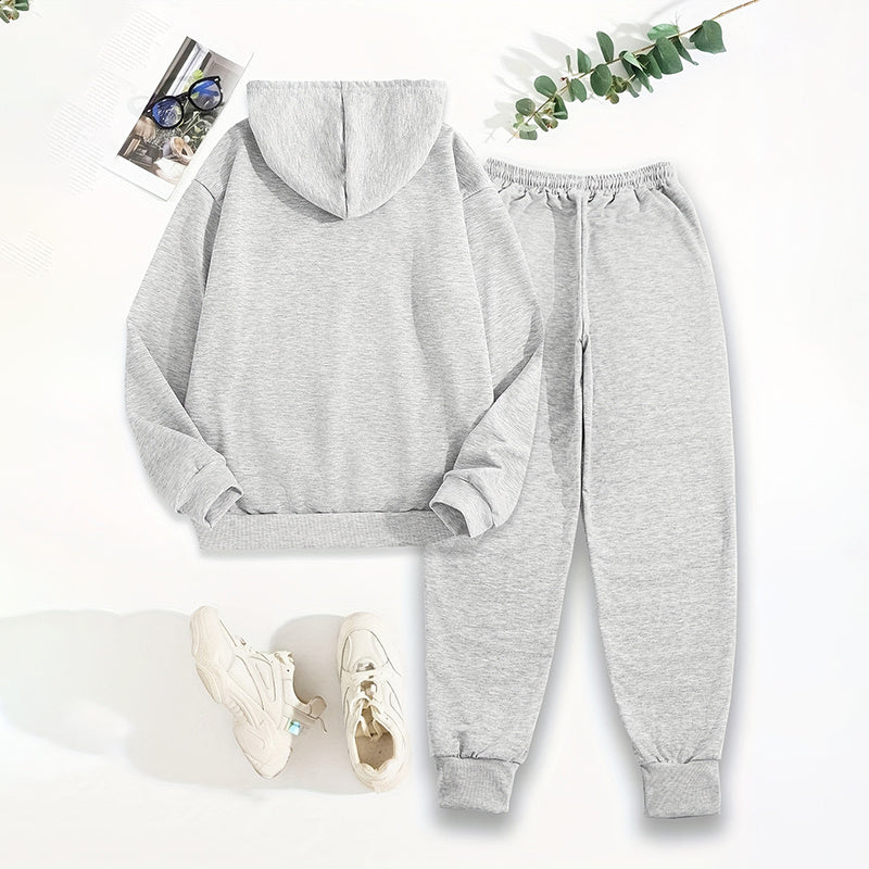 Women's Solid 2-Piece Set Letter Print Hoodie With Pocket & Drawstring Jogger Pants Casual Tracksuit CJ US