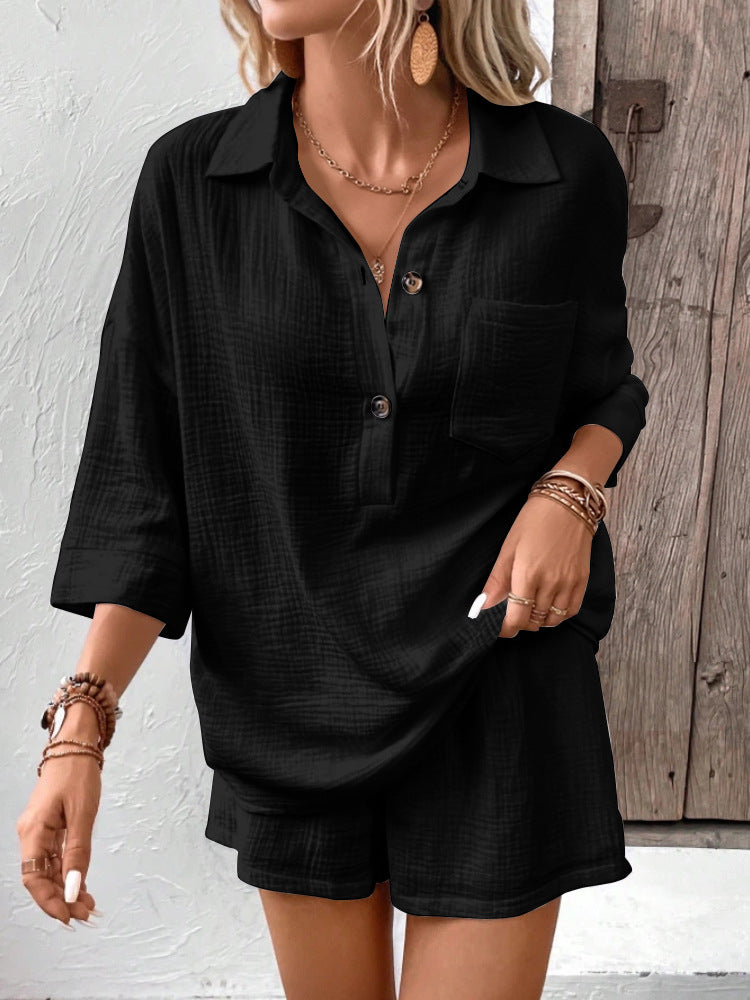 Casual Double-Panel Shirt With Lapel Collar Casual Two-Piece Set 