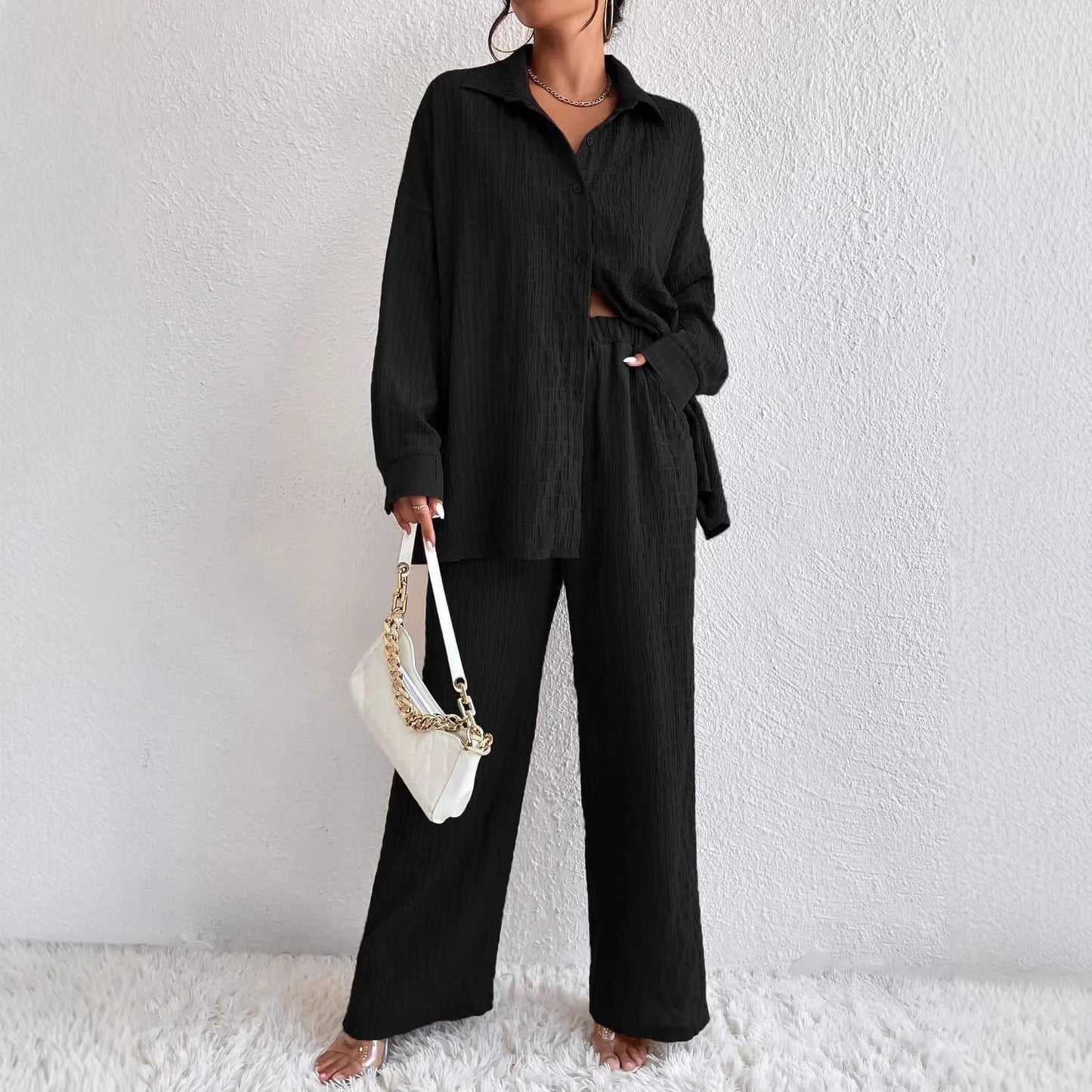 Summer New European And American Style Pleated Long-Sleeve Lapel Loose Two-Piece Set 