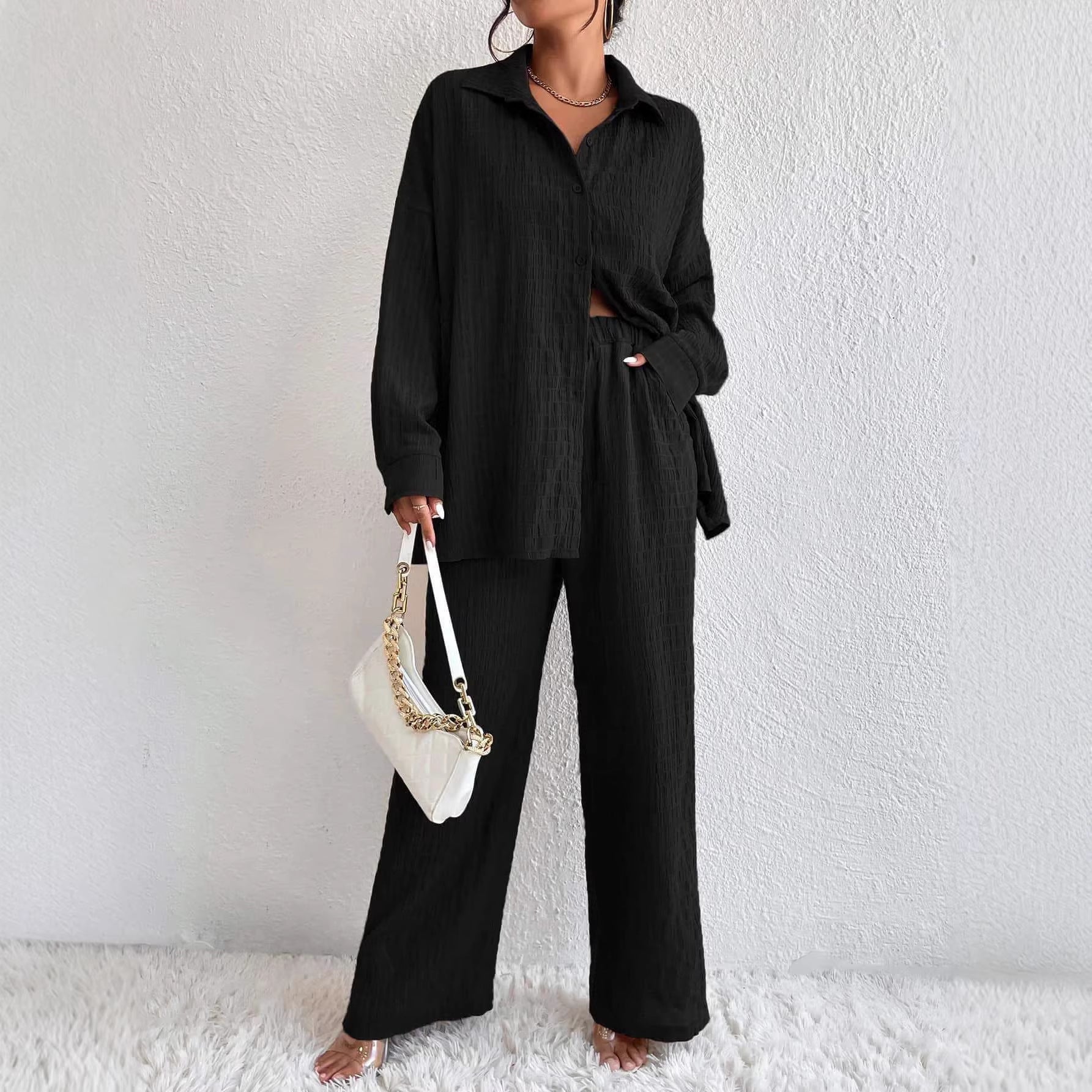 Summer New European And American Style Pleated Long-Sleeve Lapel Loose Two-Piece Set 