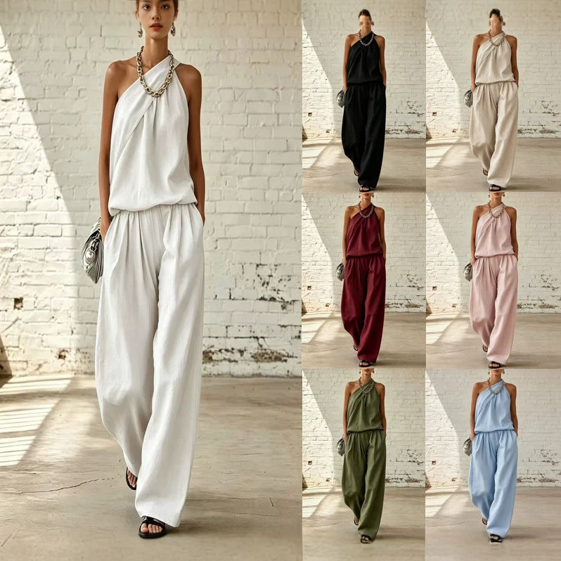 Cotton-linen Sleeveless Double-layer Top And Wide-leg Pants Set 