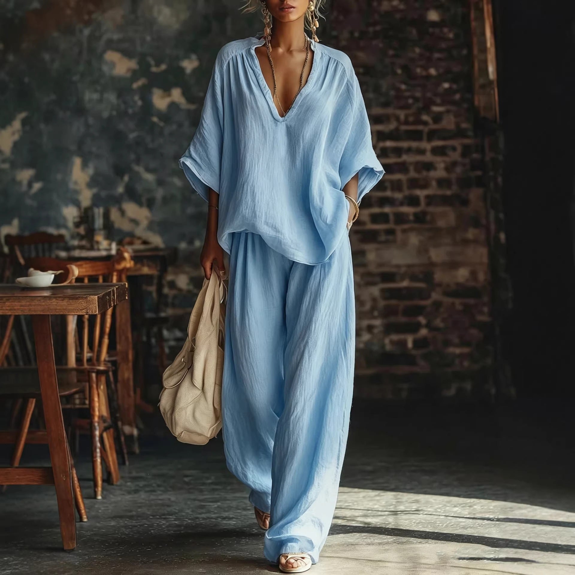 Womens V-neck Loose Short-Sleeve Casual Pants Two-Piece Set 