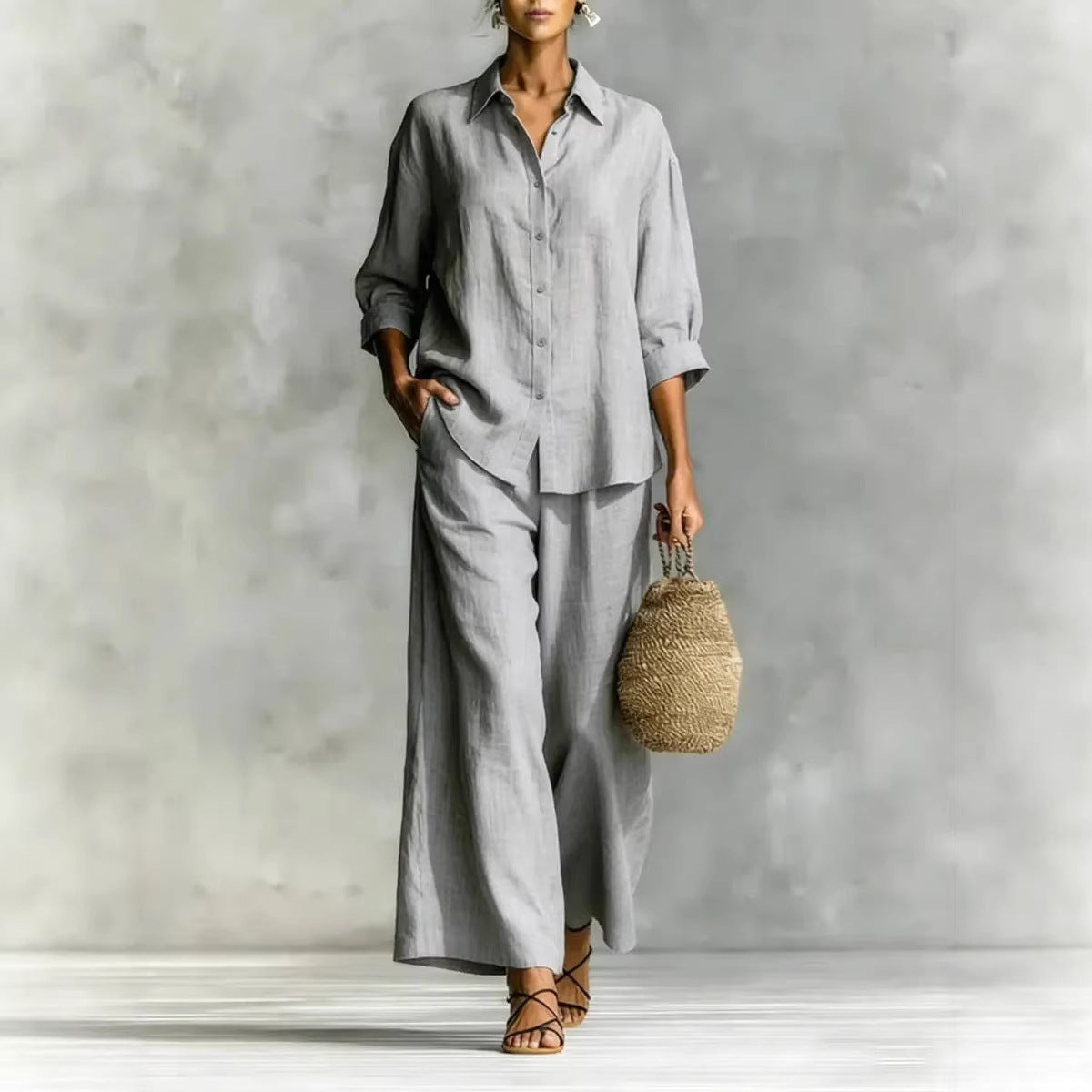 Women's Cotton And Linen Wide-leg Pants Suit 