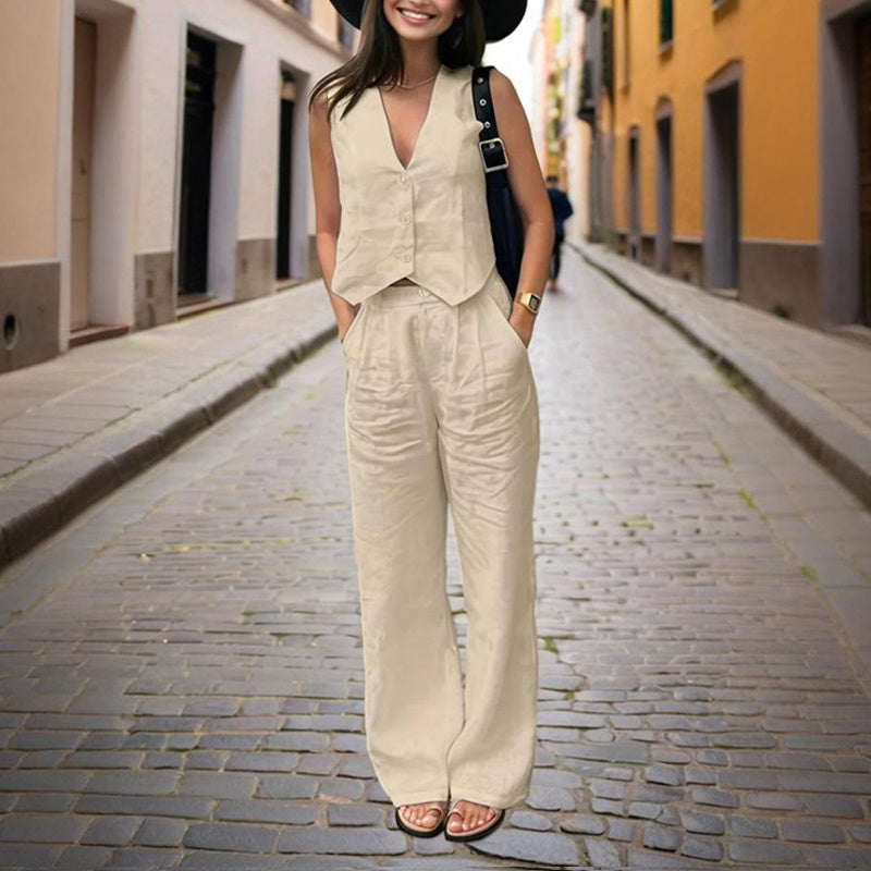 Women’s V‑Neck Button‑Front Vest & High‑Waist Pants Set CJ US