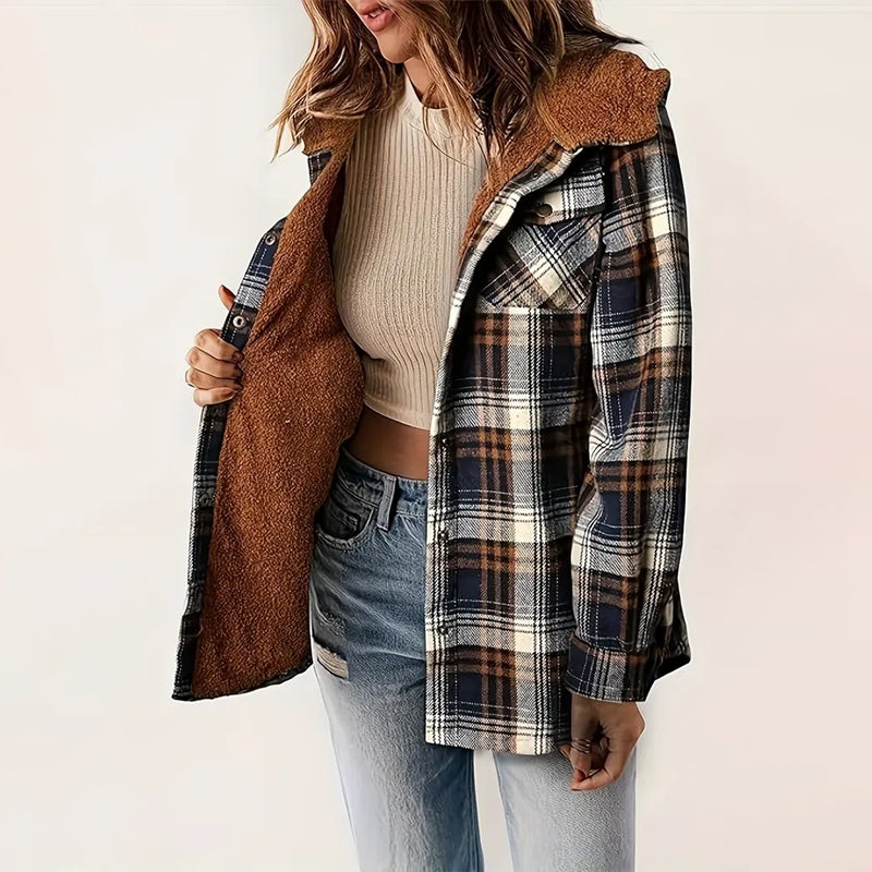 Women's Plaid Button-Up Long Sleeve Jacket Fall Winter  Flap Button Pocket Design Casual Hooded Fleece-Lined Warm Coat CJ US