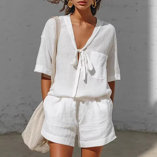 Summer New Solid Color Casual Cardigan Lace-up Short-sleeve Shirt Loose Shorts Set For Women 