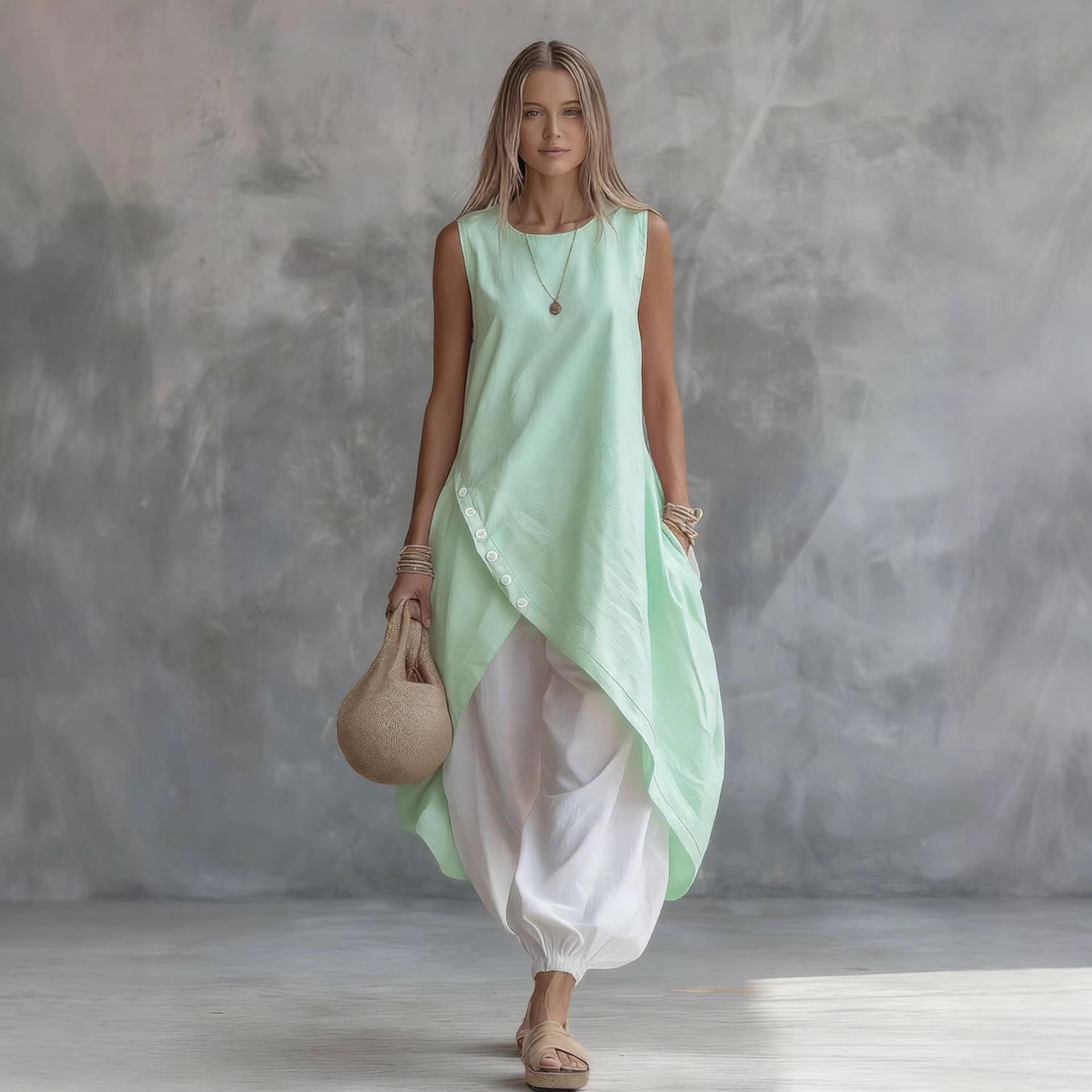 Solid-color Sleeveless Loose-fit Dress With Patch Pockets 