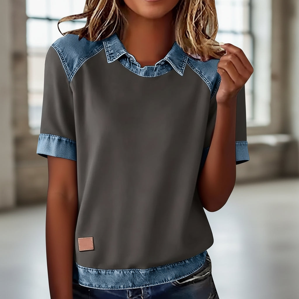 Patchwork Knitted Shirt Short-Sleeve Lapel Button-Up Shirt For Women 