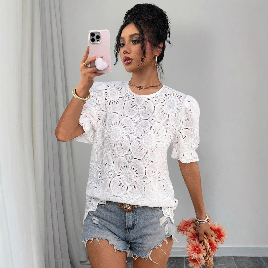 Casual Hollow-Out Lace Puff-Sleeve Shirt Top 