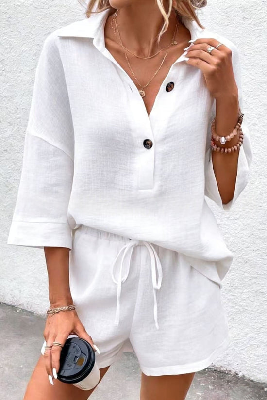 Notch-lapel Short-sleeve Belted Shorts Casual Set 